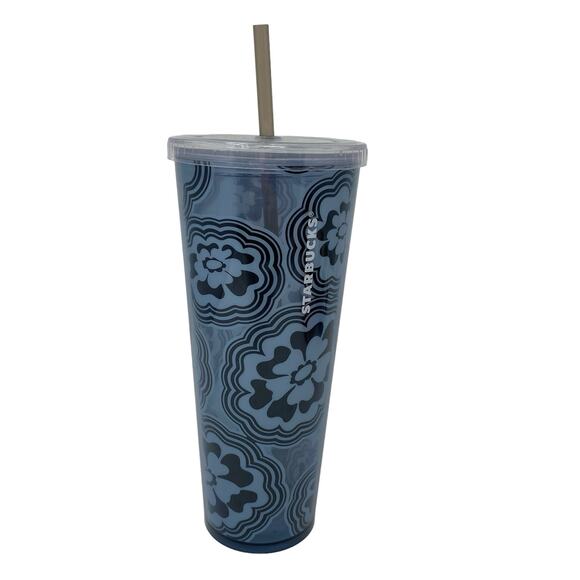 STARBUCKS 24 Fl Oz Clear Blue 70s Flowers Retro Style Cold Cup Tumbler Venti Cup - Picture 1 of 12